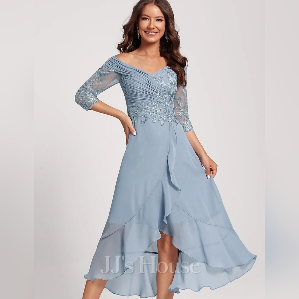 JJ's House A-line Dusty-Blue Off the Shoulder Cocktail Dress With Sequins NWT